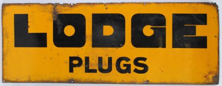 A LONG VINTAGE LODGE PLUGS ENAMEL SIGN. 46cms x 2m.