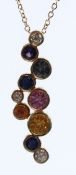 AN 18CT GOLD MULTI-COLOURED AND DIAMOND PENDANT AND CHAIN.