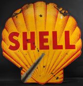 A LARGE VINTAGE DOUBLE SIDED SHELL SHAPED ENAMEL SIGN. 2m 2cms x 1m 6cms.