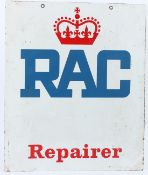 A VINTAGE DOUBLE SIDED RAC REPAIRER ENAMEL SIGN. 62cms x 52cms.
