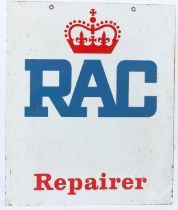 A VINTAGE DOUBLE SIDED RAC REPAIRER ENAMEL SIGN. 62cms x 52cms.