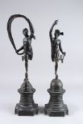 A PAIR OF CLASSICAL STYLE BRONZE FIGURES OF MERCURY AND CERES, each standing on bronze and marble