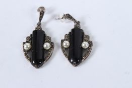 A PAIR OF SILVER ONYX, PEARL AND MARCASITE DECO EARRINGS.