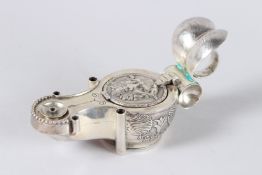 A GOOD VICTORIAN CAST SILVER ALADDIN'S LAMP with masks and glass liner. London 1842. Weight 10ozs.