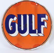 A LARGE VINTAGE GULF CIRCULAR DOUBLE SIDED ENAMEL SIGN. 70cms diameter