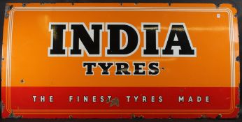 A LARGE VINTAGE INDIA TYRES ENAMEL SIGN. 90cms x 80cms.