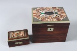 A GOOD TEA CADDY with inlaid marble top, 12cms wide, and a small box, 8cms (2).