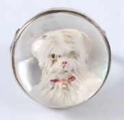 A SILVER TERRIER DOG ESSEX CRYSTAL RING.