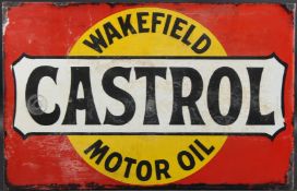 A VINTAGE WAKEFIELD CASTROL MOTOR OIL DOUBLE-SIDED ENAMEL SIGN. 33cms x 50cms.