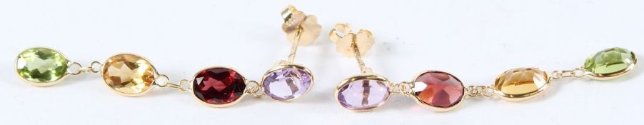 A PAIR OF 18CT YELLOW GOLD MULTI-GEM DROP EARRINGS.