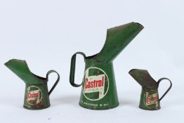 THREE CASTROL OIL CANS, 25cms, 14cms and 11cms.