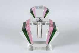 AN ART DECO DESIGN GLASS PINK FAN SHAPED SCENT BOTTLE.