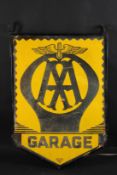 A VINTAGE AA HANGING ENAMEL GARAGE SIGN. 80cms high x 56cms wide.