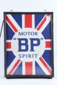 A RED, WHITE AND BLUE BP MOTOR SPIRIT ILLUMINATED SIGN. 64cms x 46cms.