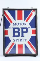 A RED, WHITE AND BLUE BP MOTOR SPIRIT ILLUMINATED SIGN. 64cms x 46cms.