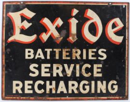 A VINTAGE EXIDE BATTERIES SERVICE MECHANICS DOUBLE SIDED ENAMEL SIGN. 50cms x 64cms.
