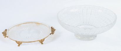 A LARGE WATERFORD CUT GLASS CIRCULAR BOX on a stand with gilt claw feet. 40cms diameter.