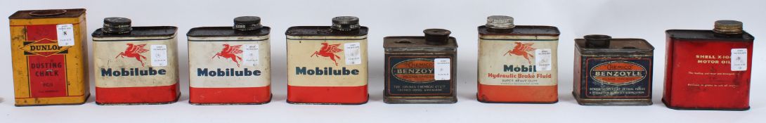EIGHT SMALL VINTAGE OIL CANS, Dunlop, Mobil (4), Benzoyl, Shell, some with oil.