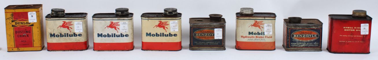 EIGHT SMALL VINTAGE OIL CANS, Dunlop, Mobil (4), Benzoyl, Shell, some with oil.