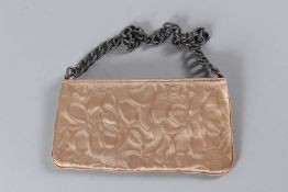 A SMALL CHANEL TAN LEATHER AND SILK EVENING PURSE, 20cms high, with dust bag.