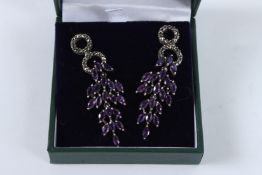 A PAIR OF SILVER AMETHYST AND MARCASITE WATERFALL EARRINGS.