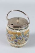 A DOULTON LAMBETH STONEWARE BARREL with silver band, lid and handle. Birmingham 1878. 9cms high.