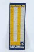 A VINTAGE MICHELIN TYRE PRESSURE GUIDE ENAMEL SIGN. 90cms x 30cms.