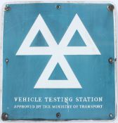 A VINTAGE BLUE AND WHITE VEHICLE TESTING STATION ENAMEL SIGN. 60cms x 60cms.