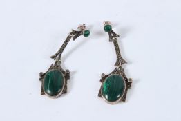A PAIR OF SILVER MALACHITE AND MARCASITE DECO EARRINGS.