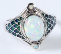 A SILVER OPAL ART NOUVEAU STYLE ENAMEL RING.