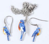 A PAIR OF STERLING SILVER ENAMEL BIRD PENDANT EARRINGS.