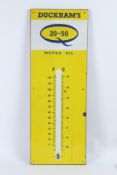 A VINTAGE TALL DUCKHAMS 20-50 THERMOMETER ENAMEL SIGN. 92cms x 33cms.