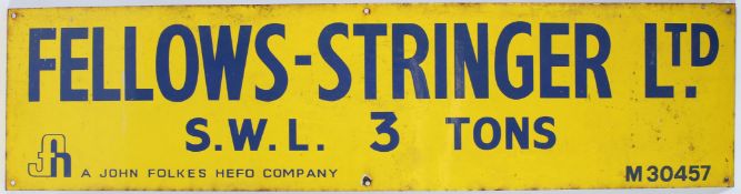 A LONG VINTAGE FELLOWS STRINGER LTD YELLOW AND BLUE ENAMEL SIGN. 30cms x 2m.