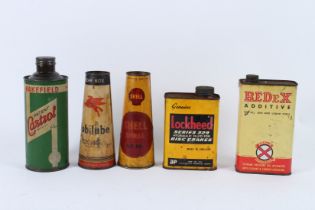 FIVE SMALL VINTAGE OIL CANS, Castrol, Red, Mobil, Shell and Lockheed.