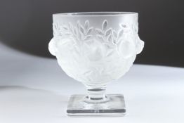 A GOOD LALIQUE FROSTED GLASS CIRCULAR VASE, the sides with eight chubby birds on a square base.