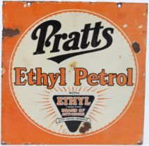 A PRATTS DOUBLE SIDED VINTAGE ETHYL PETROL ENAMEL SIGN. 40cms x 40cms.