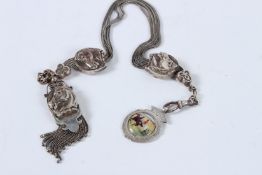 A SILVER HORSE CHAIN with an enamel fob.