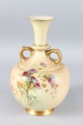 A ROYAL WORCESTER TWO-HANDLED BOTTLE VASE painted with thistles. 24cms high. Pattern No. 1218.