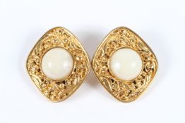 A GOOD PAIR OF CHANEL SQUARE GILT METAL AND STONE EAR CLIPS. 4cms x 3.5cms.