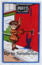 A VINTAGE PRATTS ENAMEL SIGN "The Key to Satisfaction". 56cms x 34cms.
