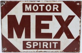 A VINTAGE DOUBLE SIDED MEX MOTOR SPIRIT ENAMEL SIGN. 30cms x 46cms.