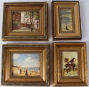 JUNE CHAPMAN Grand piano, beach and street scenes four oil on boards each signed 9 x 11.5cm and
