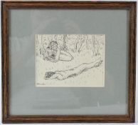 PIERRE DEVAL Two naked women sunbathing on the edge of a wood pen and ink signed 11 x 14cm