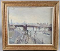 MODERN BRITISH SCHOOL View of the Embankment, London oil on board 50 x 61cm