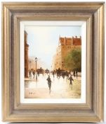 20TH CENTURY View of a Continental street with horse and carriages signed indistinctly Forest