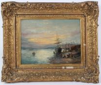 C WEST (19TH CENTURY) Coastal view with moored fishing boats and figures on the beach oil on