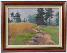 VIKTOR TEMPLIN (1920-1994) Landscape with track leading to a forest oil on board signed 33 x 45cm