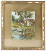 LEOPLOLD RIVERS (1852-1905) Cottage on a riverbank with ducks watercolour signed 21 x 17.5cm