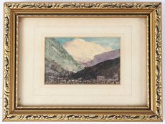MANNER OF JOHN RUSKIN Alpine village with distant glacier watercolour 6 x 9.5cm