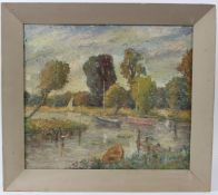CIRCLE OF R O DUNLOP River landscape with small yachts near to a jetty oil on board 38 x 44.5cm